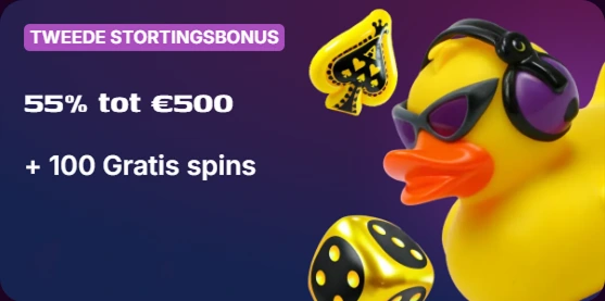 Rubber duck met zonnebril en dobbelsteen met 55% tot €500 en 100 gratis spins