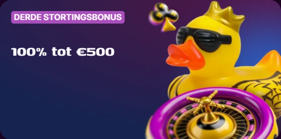 Duckysino 100% bonus tot €500, derde stortingsbonus