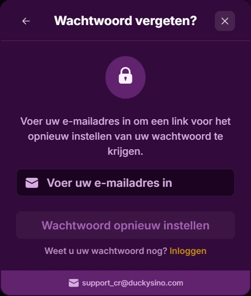 Duckysino wachtwoord vergeten pagina met e-mail invoerveld