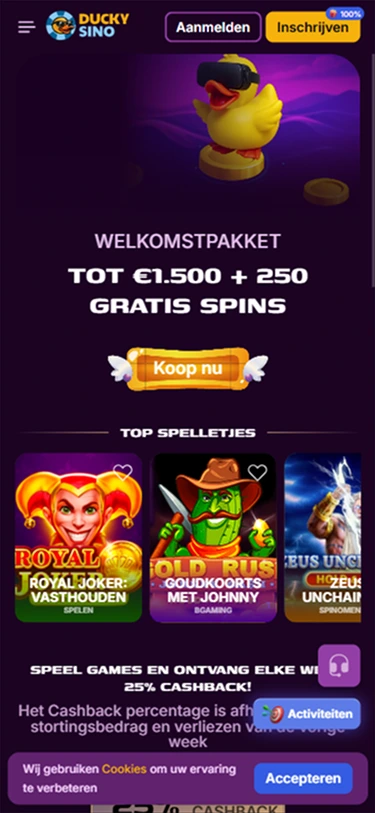 Duckysino welkomstbonus: TOT €1.500 + 250 gratis spins