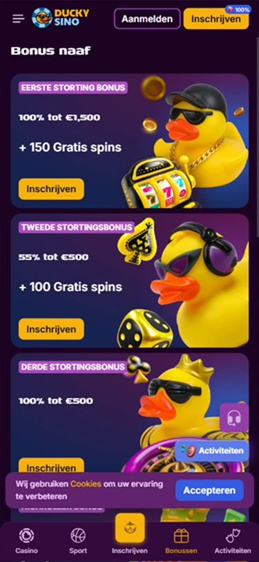 Duckysino bonusaanmelding met 100% tot €1,500 en 150 gratis spins