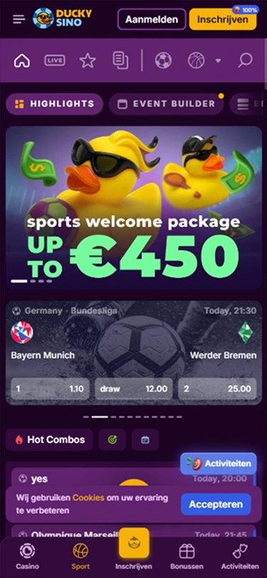 Duckysino mobiel welkomstbonus tot €450 met eenden thema